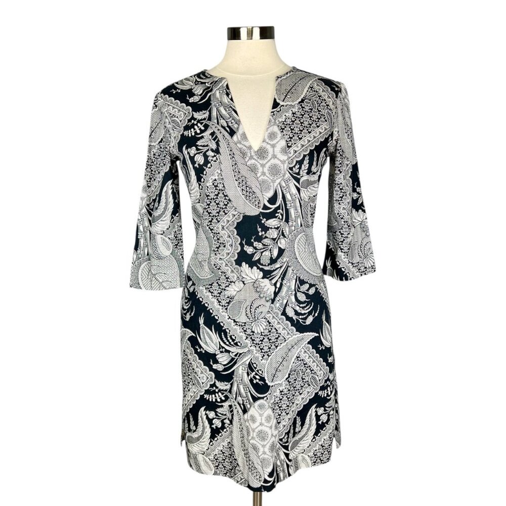 Trina Turk Womens Black White V Neck Shift Dress Paisley Floral Cotton size 6